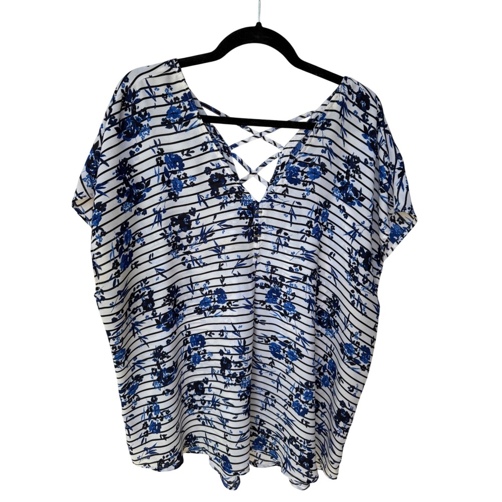 Torrid floral stripe short sleeve blouse strappy back white blue black neutral 2